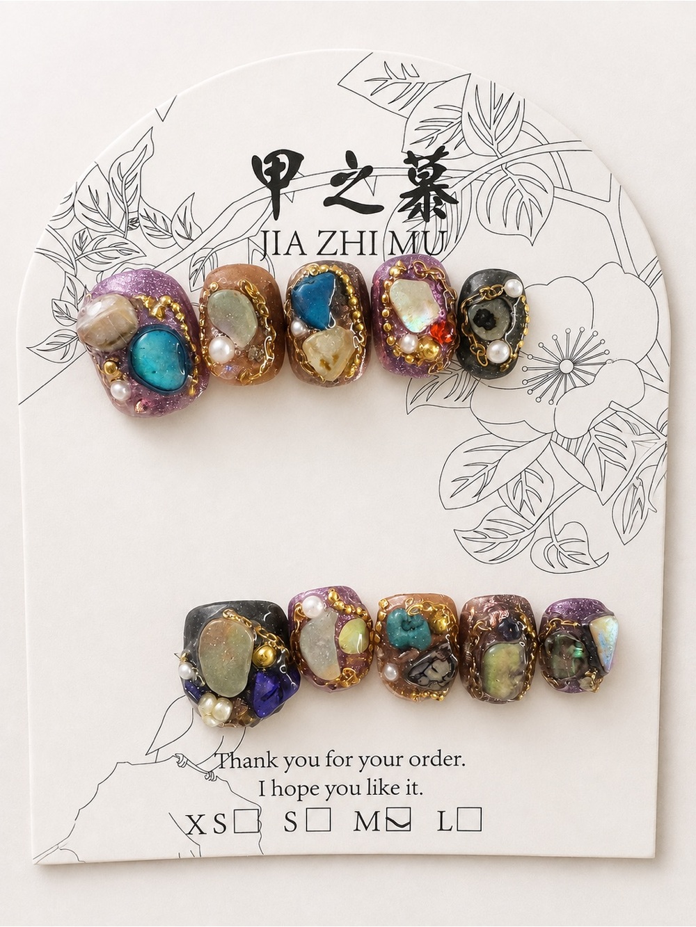 Iridescent Gemstone Nail Art Set in Purple, Gold, Black. Short and REUSABLE